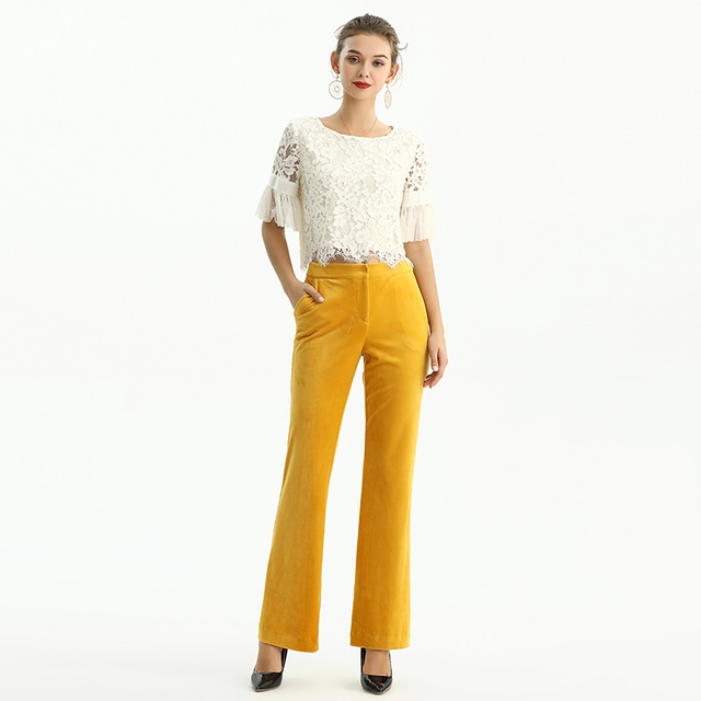 P147 Women stretch velvet mid-rise straight leg tailored trousers
