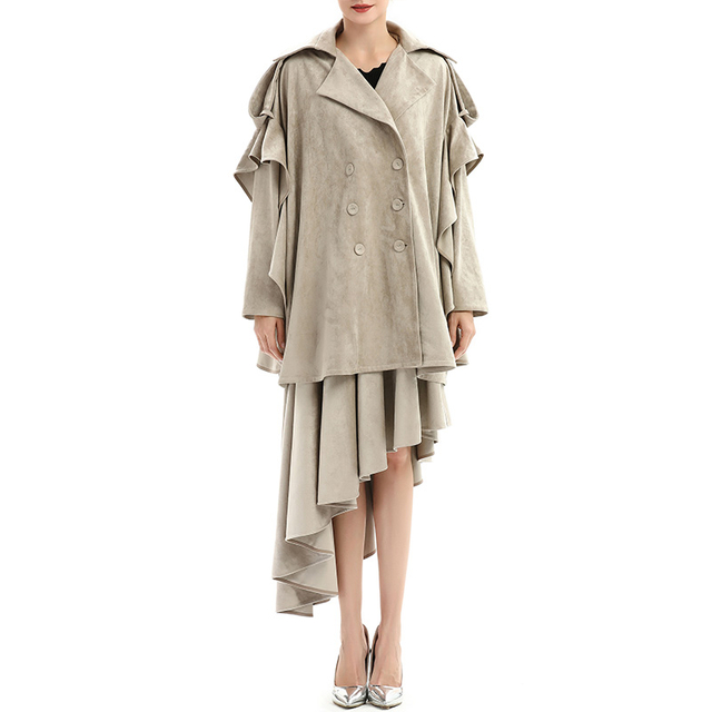 C143 Women Faux suede notch collar over size ruffle detailed double breasted winter over coat