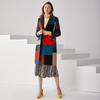 C153 Women Wool plaid combo satin notched lapel faux leather long sleeves tailored-cut single-breasted winter over coat