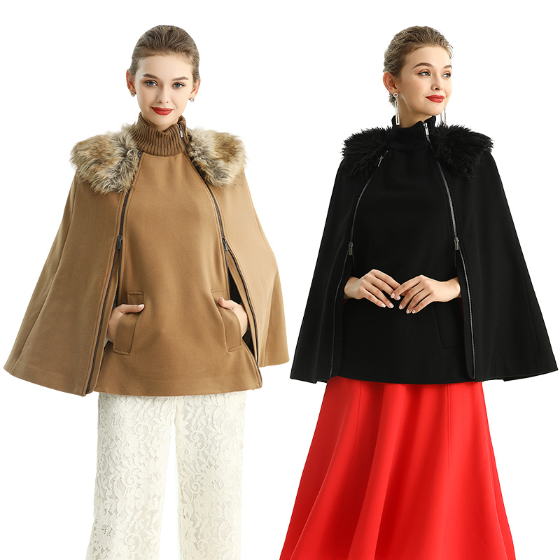C194 Women Wool faux fur collar ribbed neck double zippers poncho cape coat