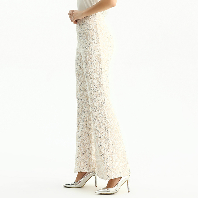 P159-1 Women Ivory bonded sequin lace boot-cut full length evening pants.