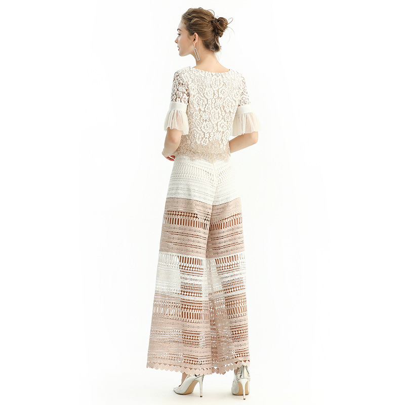 P157 Women Macramé embroidered lace semi-sheer wide-leg pants