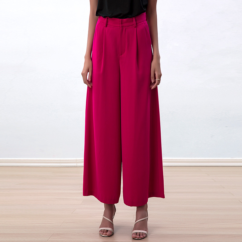 P223 Women Solid crepe high-waisted pleated wide leg cropped pants