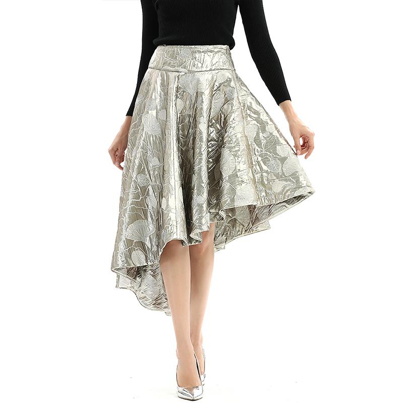 S144 Women Metallic bubble jacquard full circle asymmetric flare party skirt