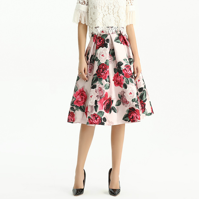 S137 Women Floral print inverted pleat A-line midi skirt