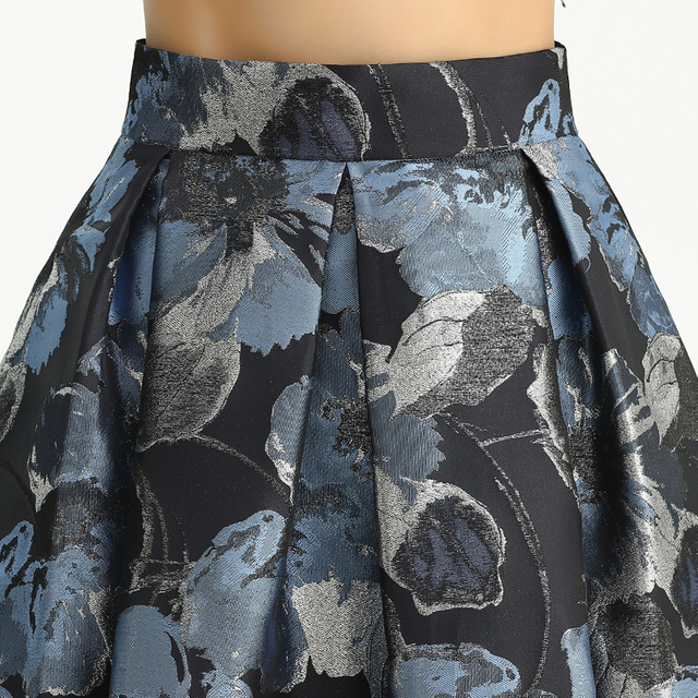 S137-1 Women Metallic floral jacquard inverted pleat A-line midi skirt