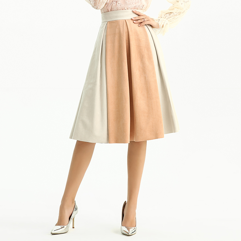S136 Women Faux suede color-block inverted pleat A-line midi skirt