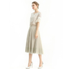 S126 Women Faux suede lace trimmed full circle sunburst pleated midi skirt