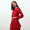 D271 Women Cut out embroidery long puff sleeves ruffle-tiered evening mini dress