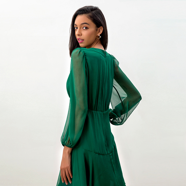 D272 Women Silk crinkle chiffon long puff sleeves flounced mini dress