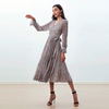 D262 Women Leopard print chiffon long puff sleeves wrap design pleated midi dress