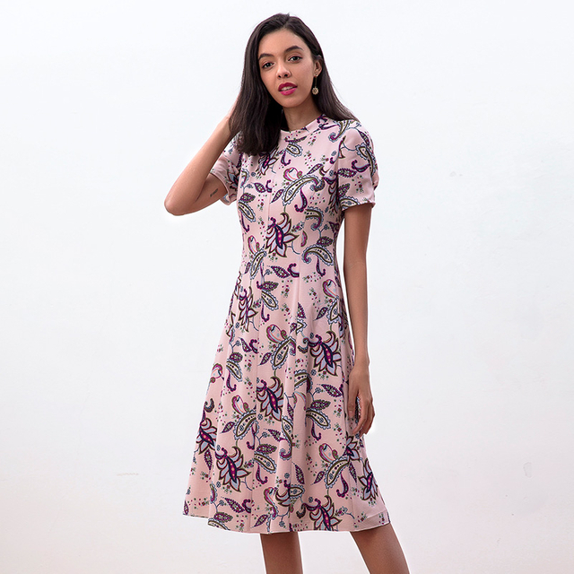 D222 Women Paisley print rolled collar A-line day dress