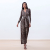 R171 Women Leopard print long sleeves flare leg jumpsuit 