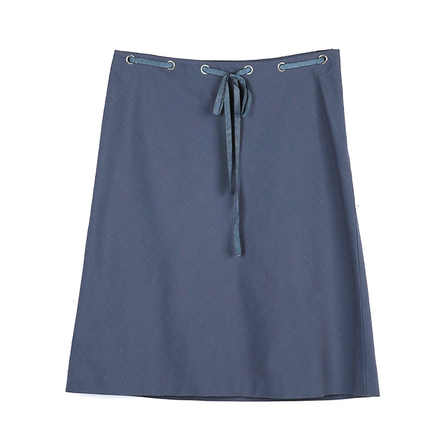 B452 Women Cotton chambray waist tie bias cut A-line casual short skirt