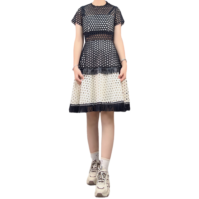 D415 Women Macramé lace short sleeves tiered design flared mini dress