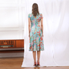 H628-1 Women Polyester print round neck cap sleeves flared midi dress