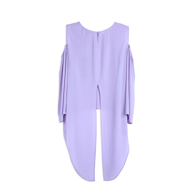 Y125 Women Solid cold shoulder long sleeves front short back long asymmetrical hem oversized shirt