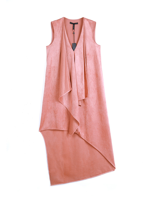 9K51 Women Faux suede V-neck front drape design high-low asymmetrical hem day dress