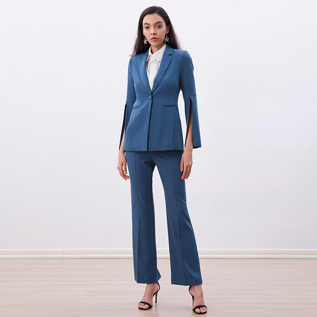 J235 Women Polyester notched lapel split sleeve tailored-cut single-breasted blazer