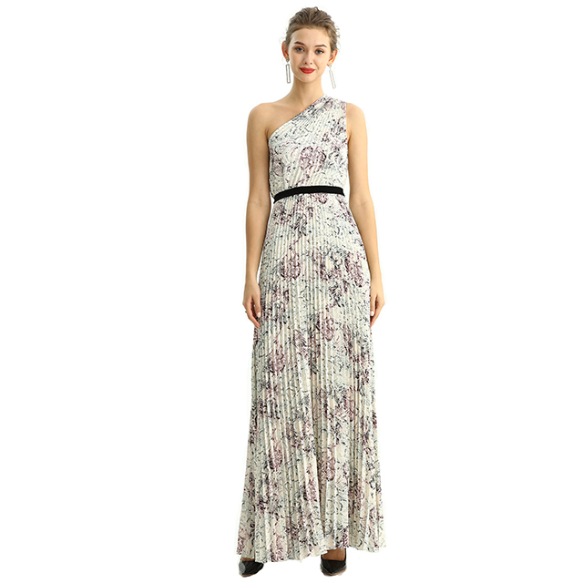 D202 Print CDC Single Shoulder Sunburst Pleated Maxi Evening Dress