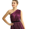 D203 Metallic Knit Single Shoulder Sunburst Pleated Maxi Evening Dress