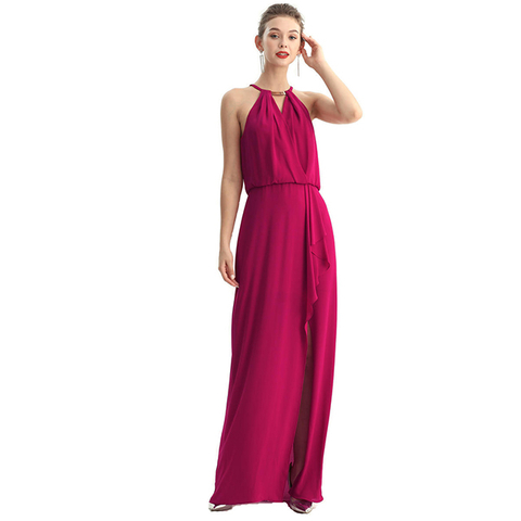 D197 Solid Heavy Georgette Halter Neck Maxi Evening Dress