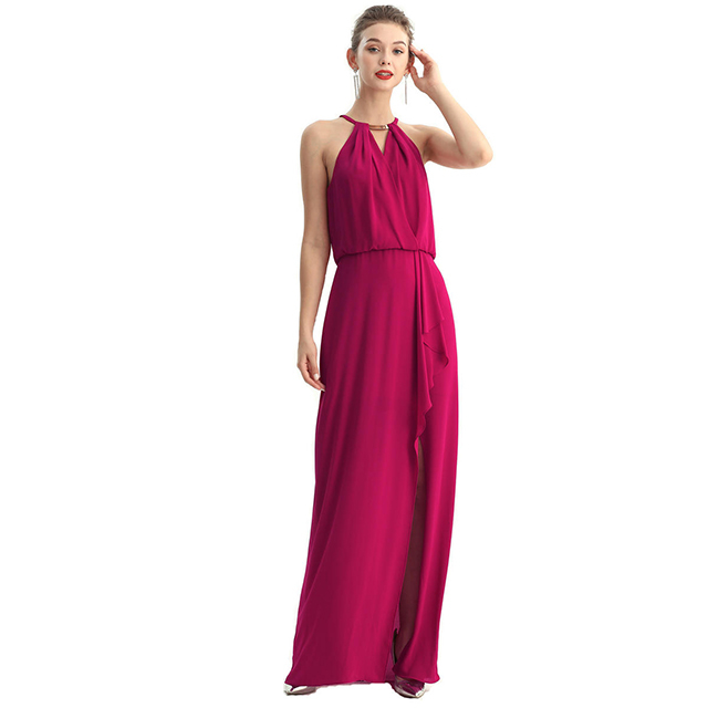 D197 Solid Heavy Georgette Halter Neck Maxi Evening Dress