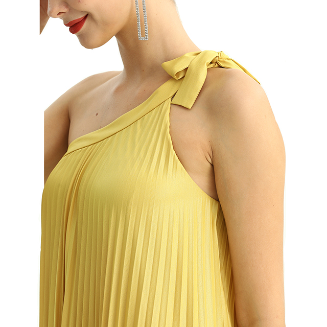 D204 Glazed Fabric Single Shoulder Sunburst Pleated Maxi Dress
