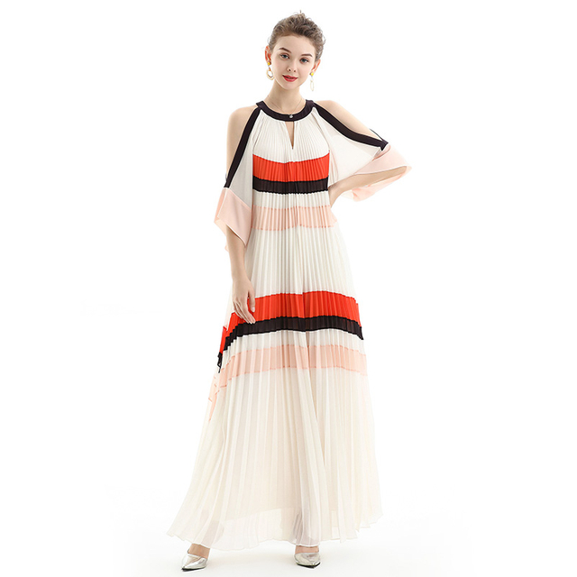 D074 Women Color block cut out shoulder three-quarter sleeves pleated maxi evening dress