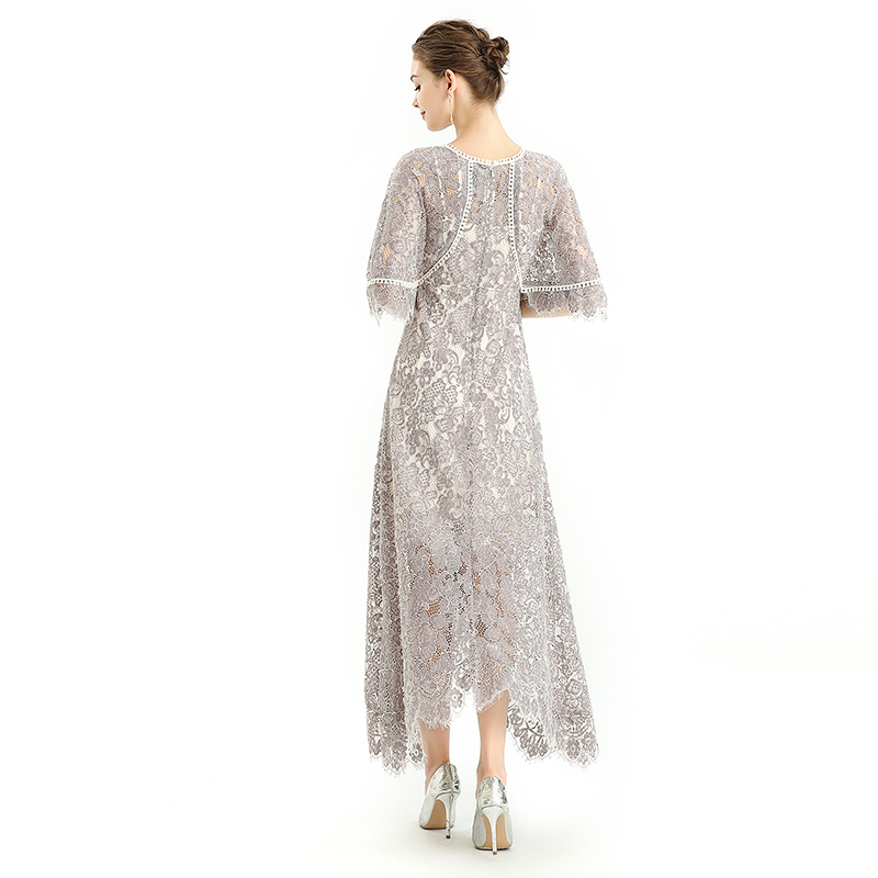 D078-1 Women floral lace cape sleeve flared asymmetric hem midi evening dress