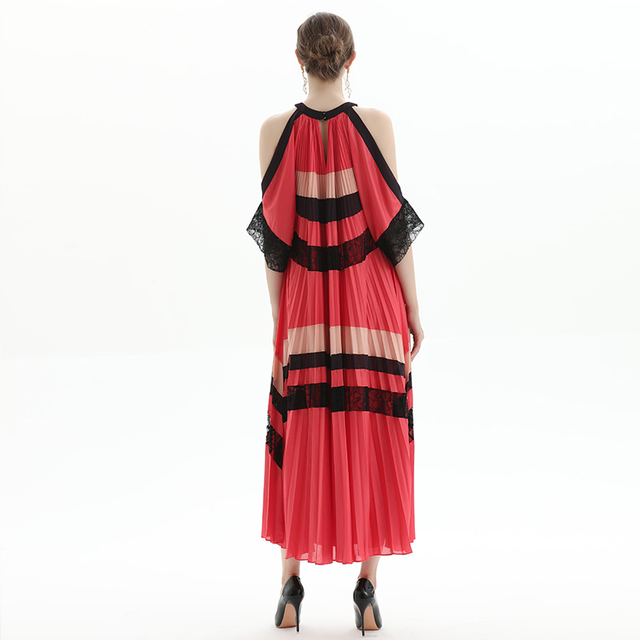 D074-1 Women Color block cut out shoulder lace trims pleated midi evening dress