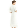 D095 Women Solid crepe short sleeves ruffle detailed straight cut midi dress