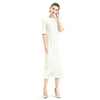 D095 Women Solid crepe short sleeves ruffle detailed straight cut midi dress