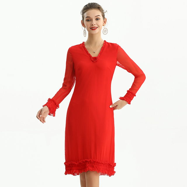 D099 Women Silk plissé chiffon long sleeves ruffle detailed straight cut midi party dress