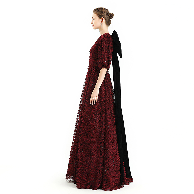 D119 Girls All-over embroidered ribbon three-quarter puff sleeves flared hem maxi gown