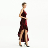 D169 Women Velvet knit v neck ruched-detail fluted asymmetric hem evening dress
