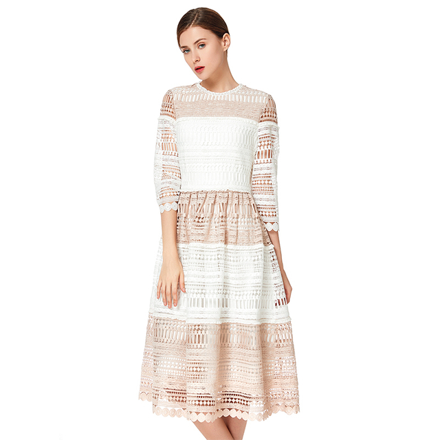 D139 Women Macramé lace-panelled three-quarter sleeves flared midi dress 