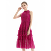 D091 Women Flower lace sleeveless ruffled detail tiered midi evening dress