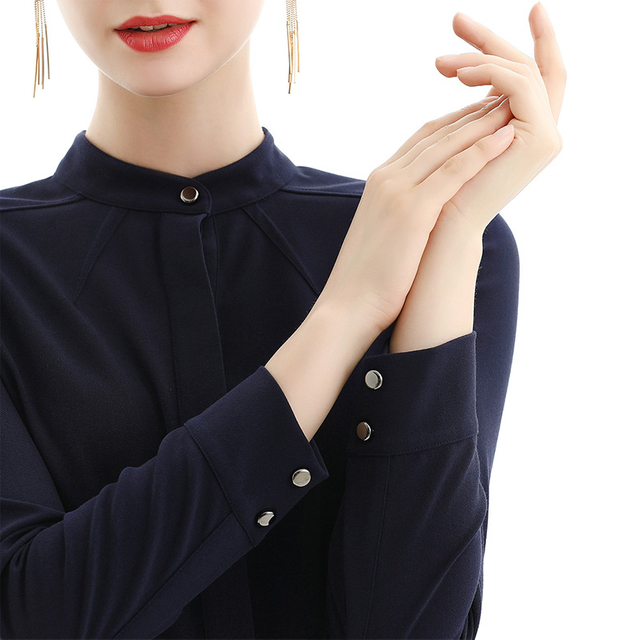 C053-1 Women Solid long sleeves band collar seam-detail midi shirt dress