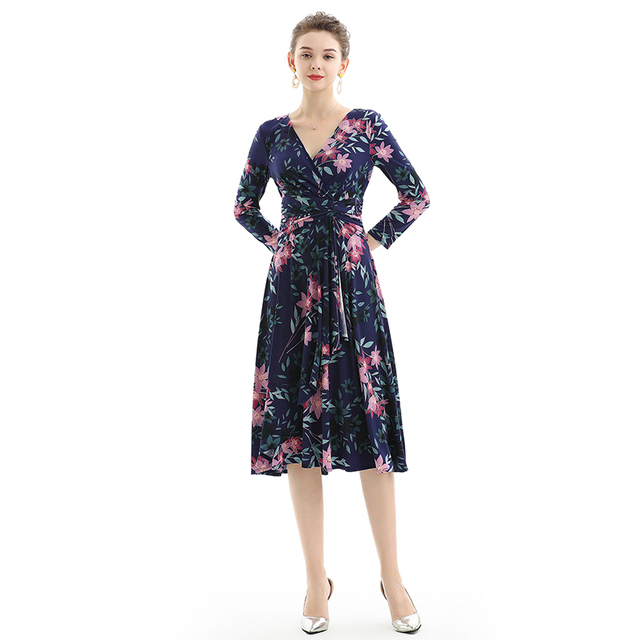 D082 Women Floral print knit three-quarter sleeve mock wrap midi day dress