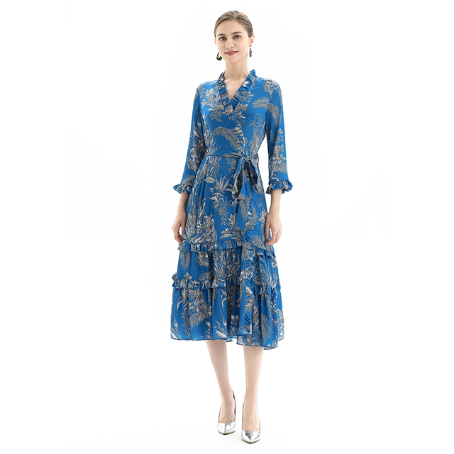 D083 Women floral print three-quarter sleeves ruffle detailing tiered midi wrap dress