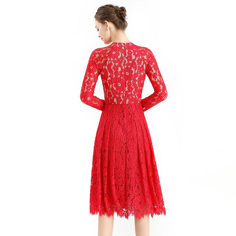 D080-2 Women floral scallop lace long sleeves flared pleated party midi dress