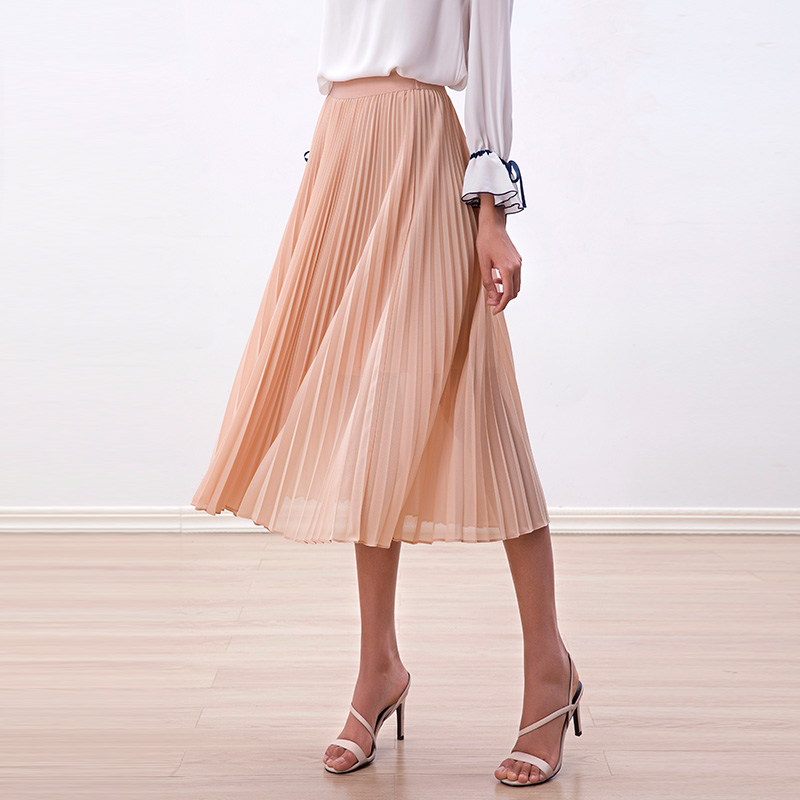 S280L Women Solid chiffon elasticated waist full circle sunburst pleated midi casual skirt