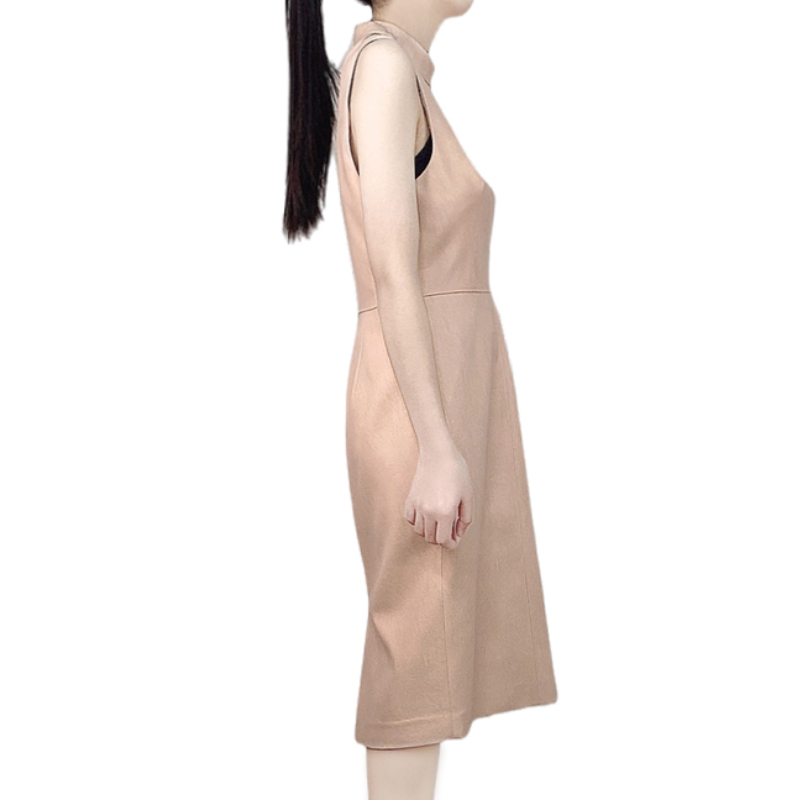 D240 Women faux leather stand collar sleeveless straight-cut midi dress