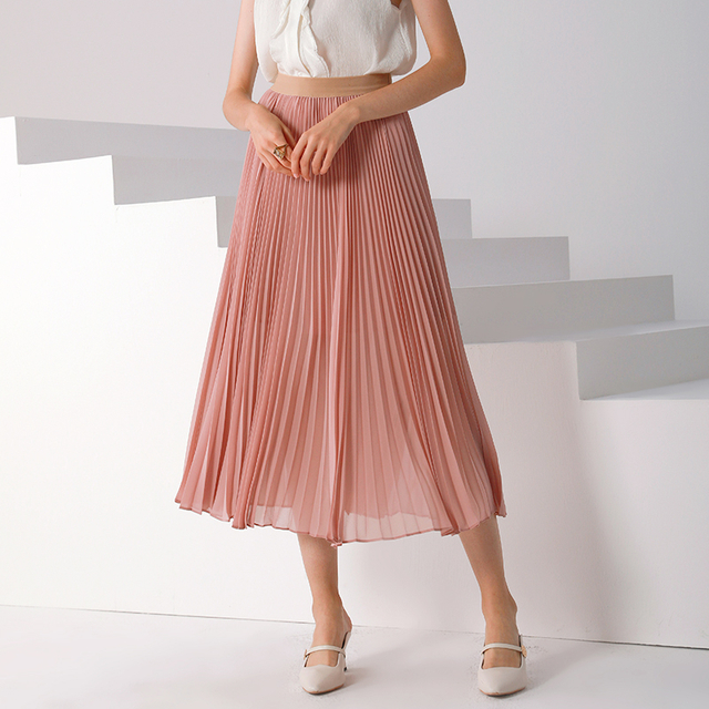 C042 Women Solid chiffon full circle sunburst pleated midi casual skirt