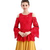 T086 Women Solid floral eyelash lace long sleeve cold shoulder party peplum top