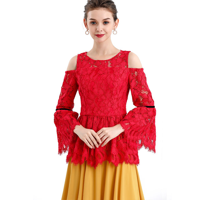 T086 Women Solid floral eyelash lace long sleeve cold shoulder party peplum top