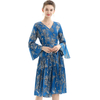 D057 Women Floral print three-quarter sleeves tiered design midi dress