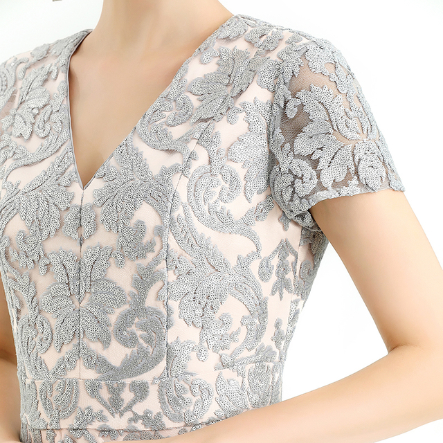 D062-7 Women Scroll leaf flower sequin embellished V neck cap sleeves flared midi evening dress