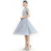 D062-4 Women medallion lace pattern V neck cap sleeves flared midi evening dress
